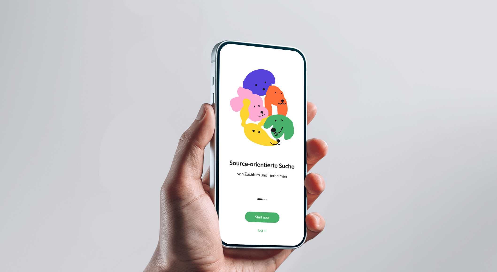 Hand holding a phone displaying the splash screen of the Woof app, featuring source-oriented search and playful illustrations.