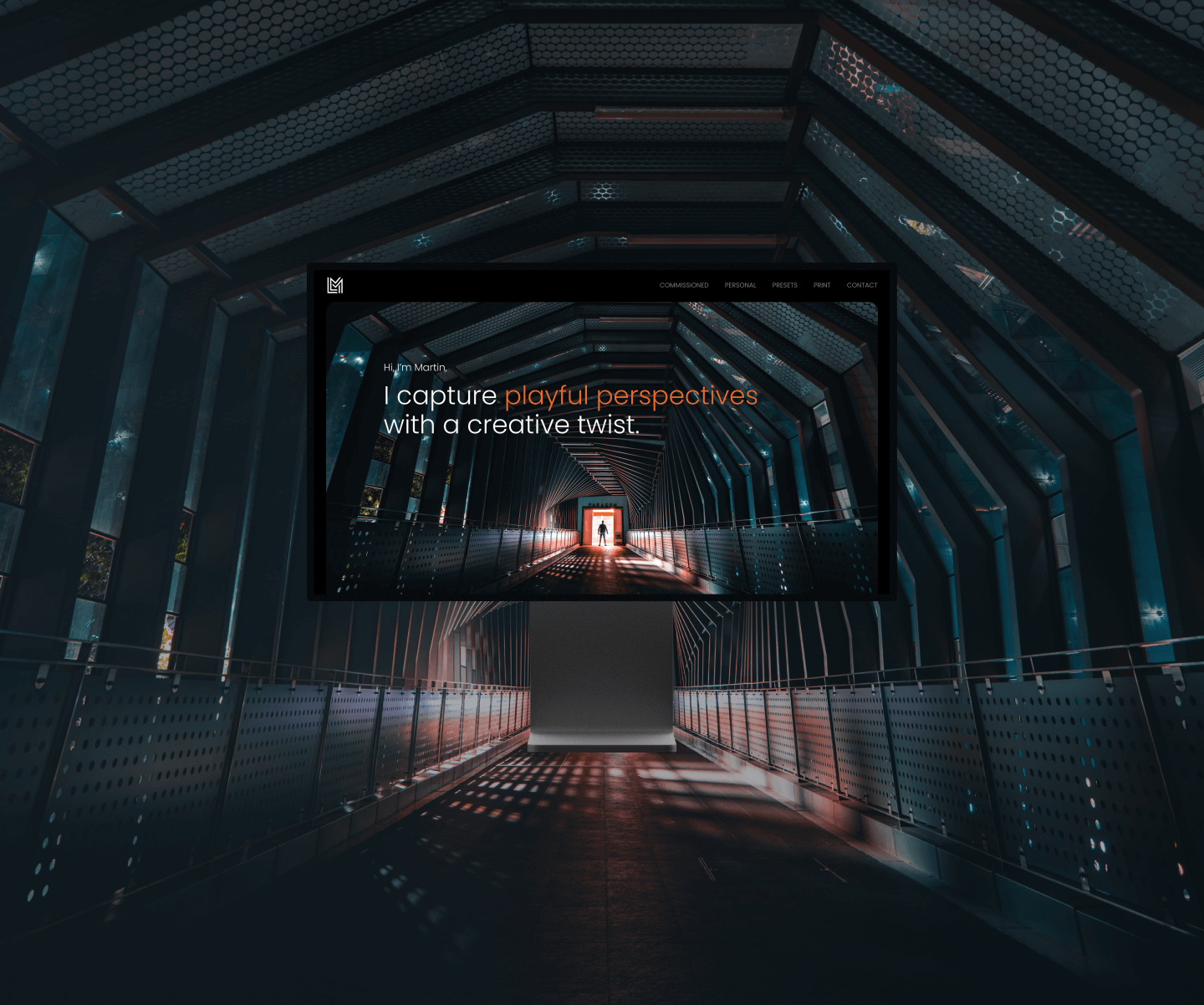 Desktop displaying the homepage of Martin Lindner's website with a background of his architecture photography.
